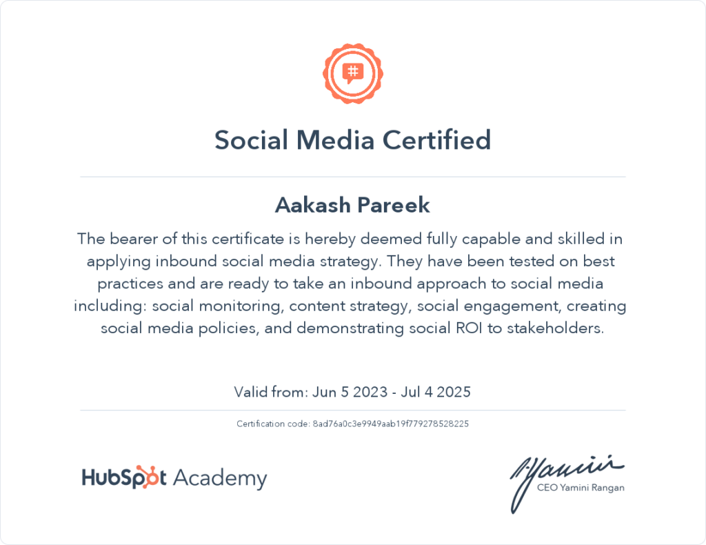 Hubspot Social Media Certificate