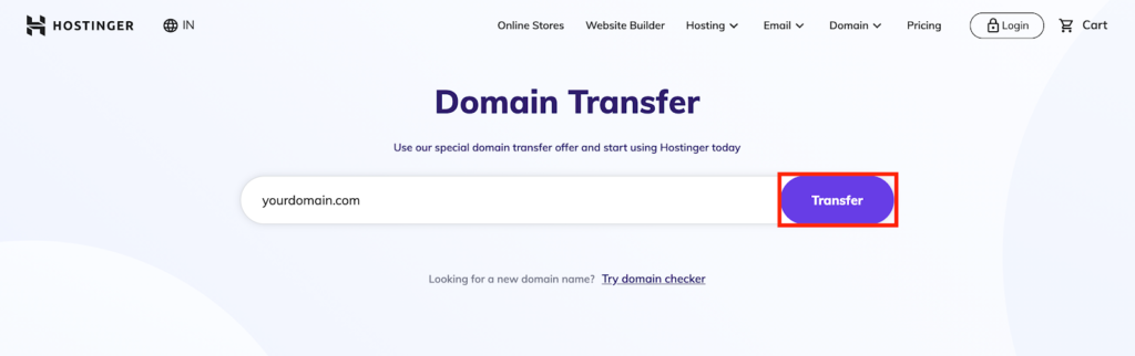 Domain name entry field in Hostinger's domain transfer flow