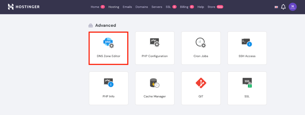 Hostinger hPanel Advanced section with DNS Zone Editor highlighted