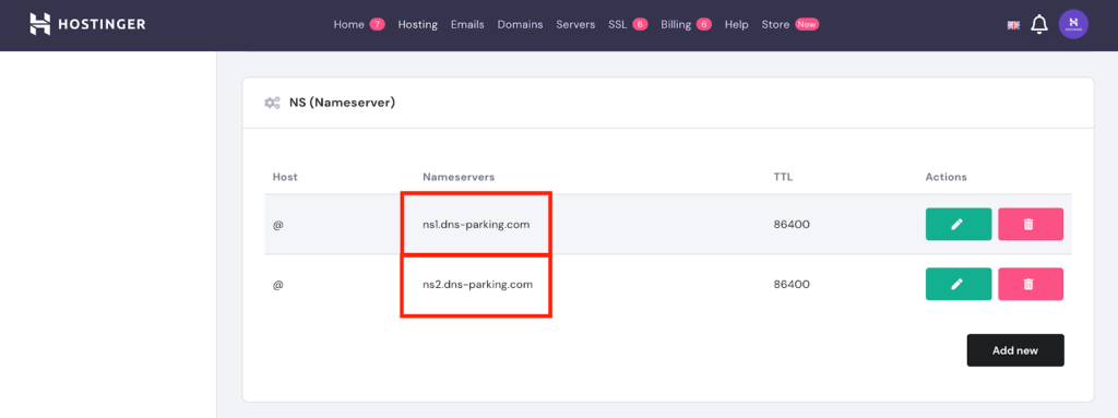NS Nameserver records table inside Hostinger's DNS Zone Editor