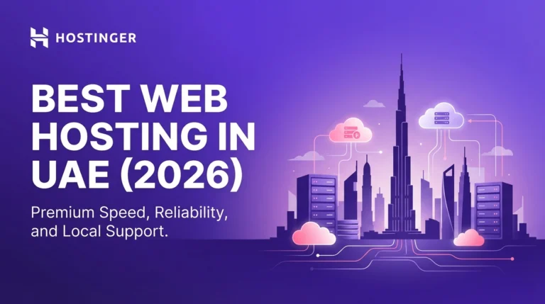 Best web hosting in UAE 2026 banner with Dubai skyline and hosting graphics