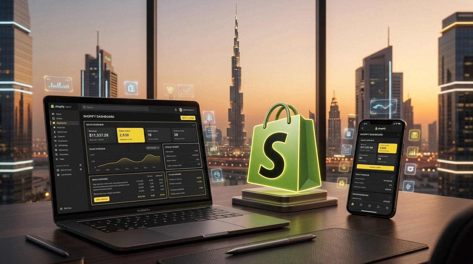 Shopify UAE ecommerce platform for Dubai online businesses with skyline background