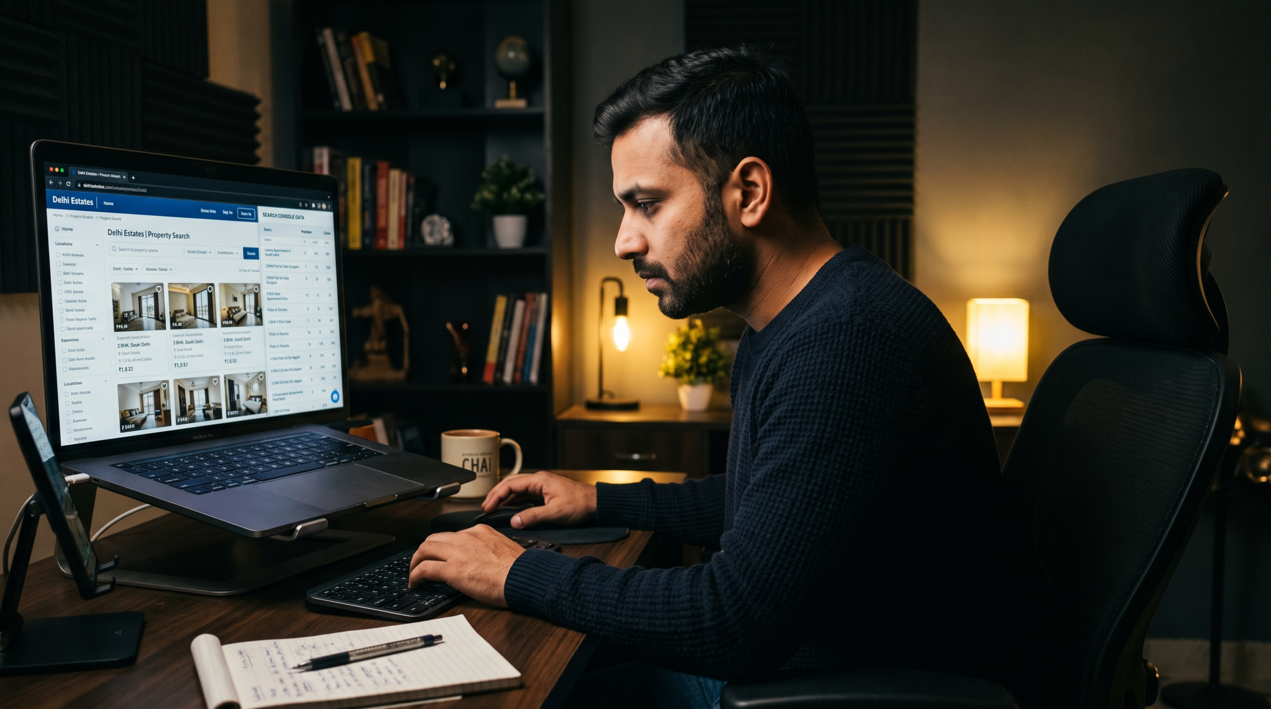 Aakash Pareek reviewing real estate SEO rankings for a Dubai property website