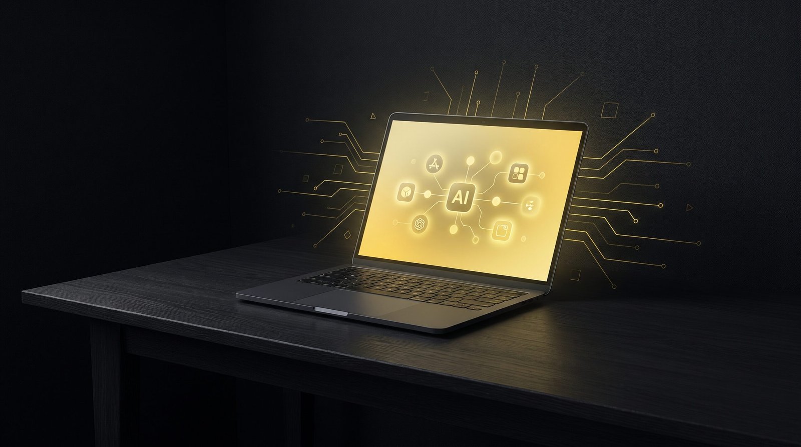 Best AI tools for digital marketing dashboard glowing on a laptop screen, dark and yellow brand style