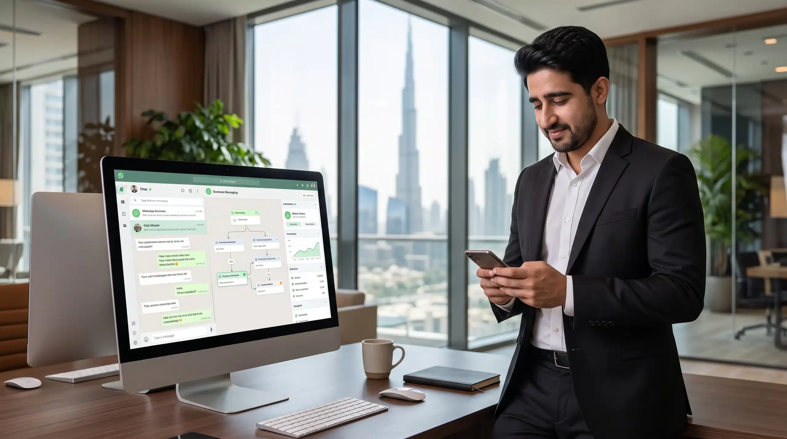 Dubai business owner replying to customer inquiries on WhatsApp Business
